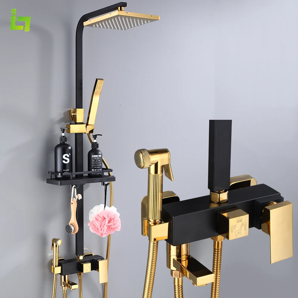 Black Gold Shower Faucet Set Rainfall Metal Bathroom Mixer Tap Bathtub Metal  4-way with Bidet and Shelf