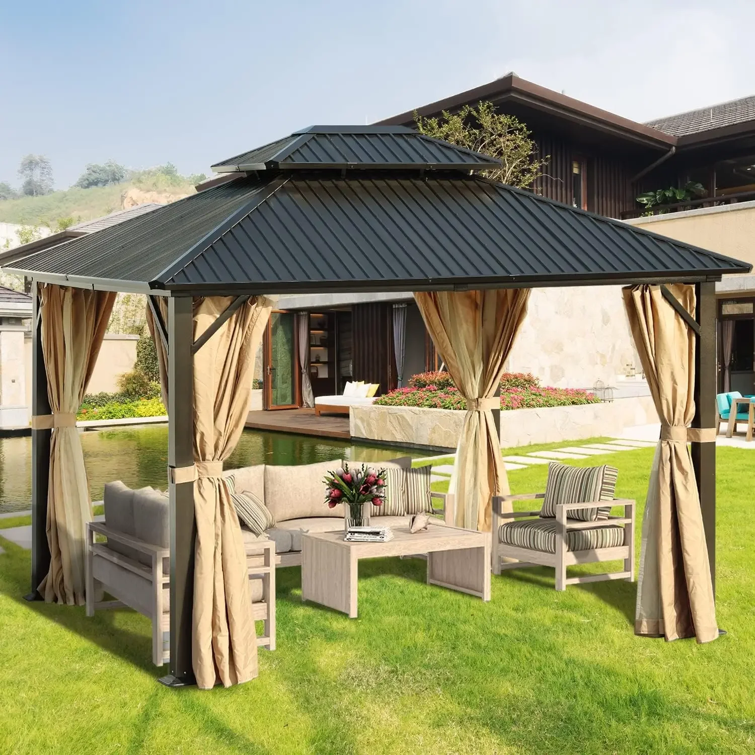 Hardtop Gazebo Outdoor Tent Shelter Canopy 10' X 12' with Netting for Patio, Garden, Yard and Party