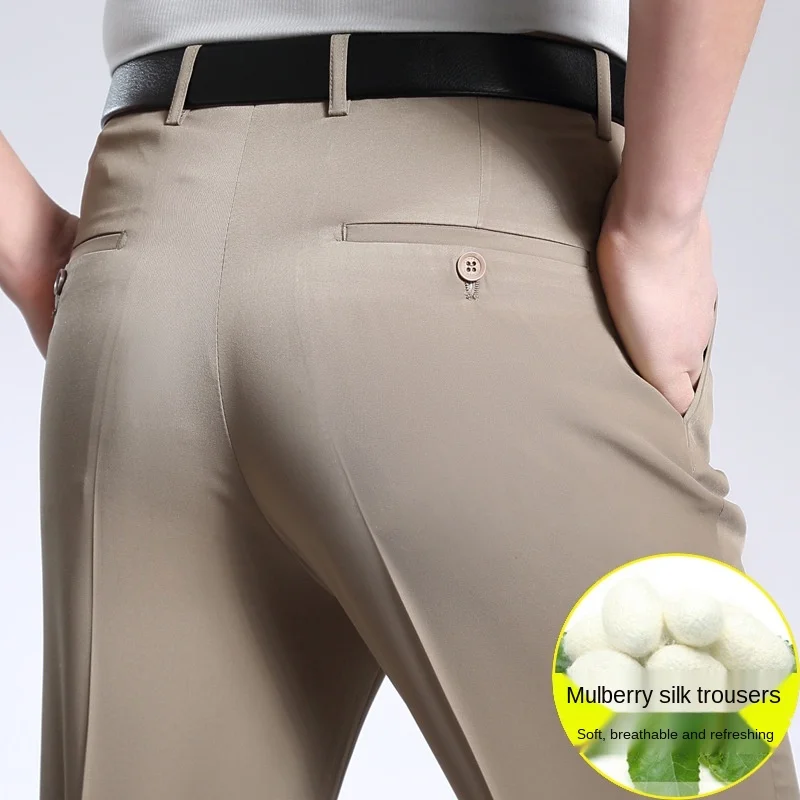 Mulberry Silk Thin Dress Trousers Man High Waist Straight Loose Men's Pants Flat Khaki Black Business Suit Pants