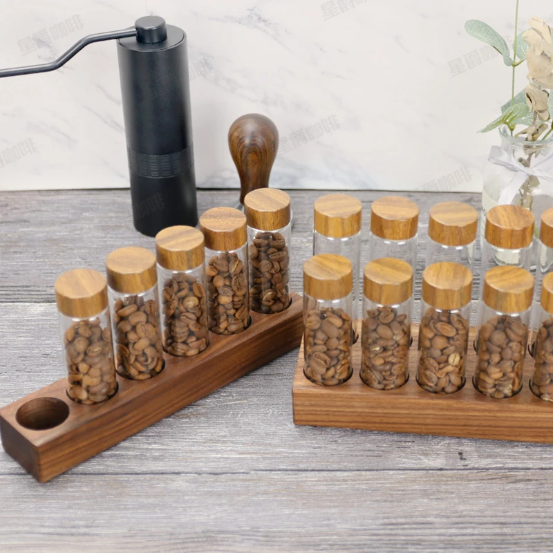 Coffee Beans Storage Sealed Small Glass Bottle Beech Walnut Wood Porous Base Grain Creative Display Tank Coffee Accessories