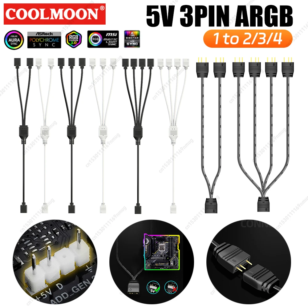 ARGB Splitter Hub 5V 3PIN Connector 1 To 2/3/4 Chassis Fan Splitter Synchronization 30cm Tensile Resistant for Computer Chassis