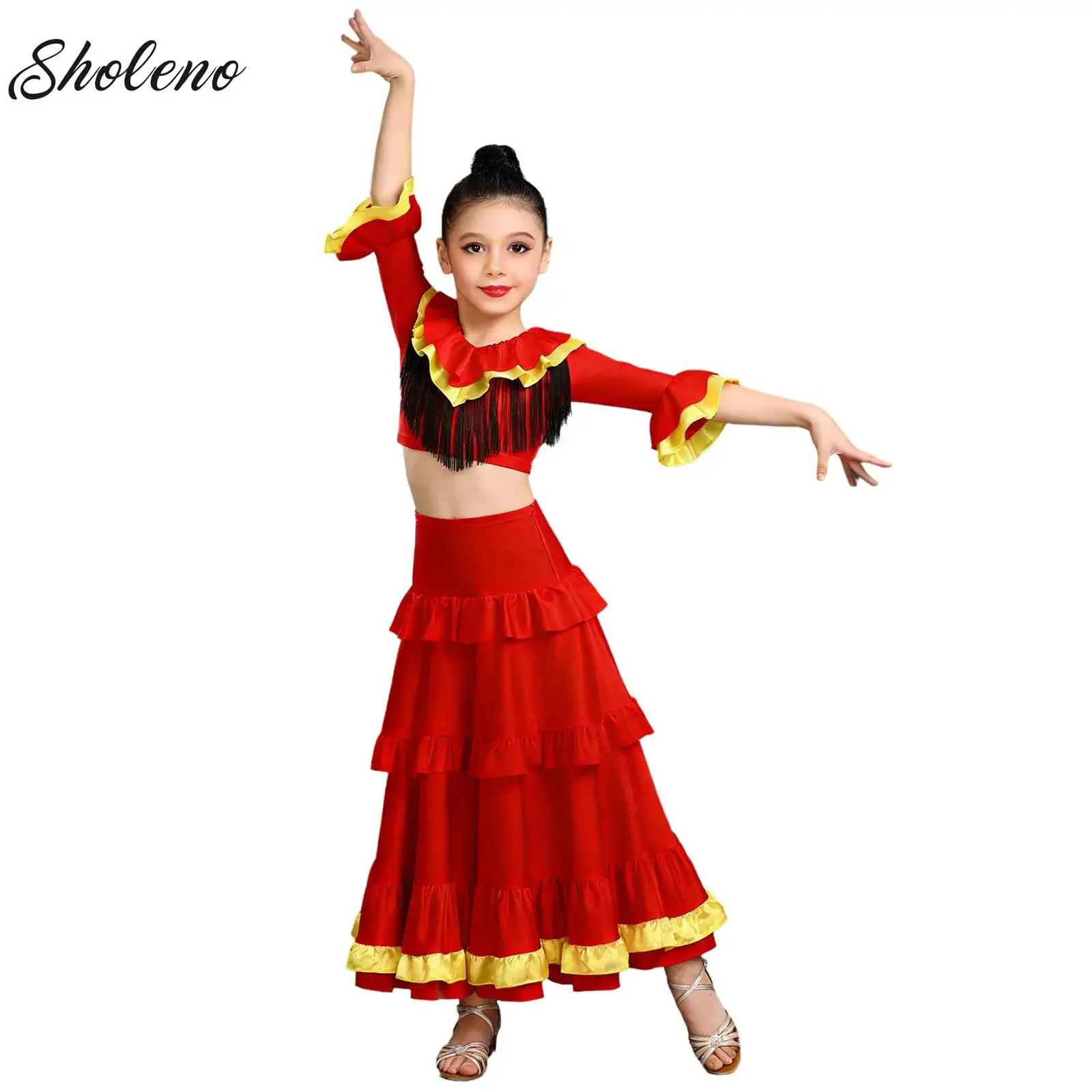 

Gypsy Kids Girls Spanish Flamenco Crop Top And Skirt Tassel Smooth Big Swing Carnival Party Ballroom Belly Dance Costumes Dress
