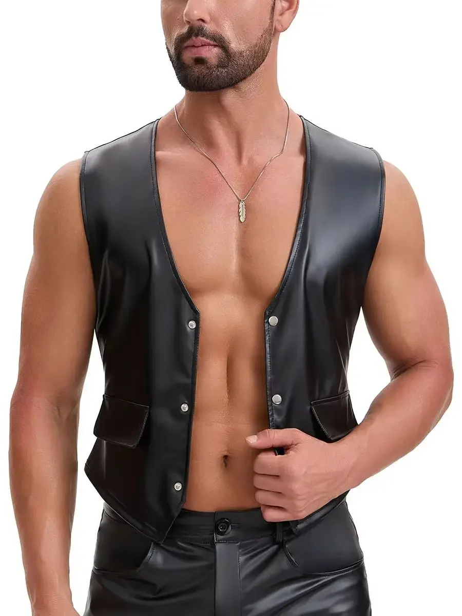 New V-neck Single Breasted Tank Top Fake Pocket PU Leather Waistcoat Weskit Tights Motorcycle Punk Vest Sleeveless Shirts Tops