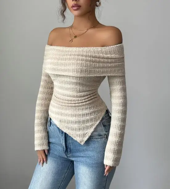 Women's Top Summer New Fashion European and American Spicy Girl Sexy Style Solid Color One Neck Off Shoulder Irregular Top