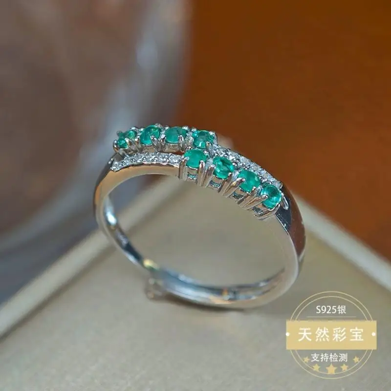 

Natural Genuine Emerald Wedding Ring 925 Sterling Silver Women Girl Lady Engagement Adjustable Size Jewelry Gift Anniversary
