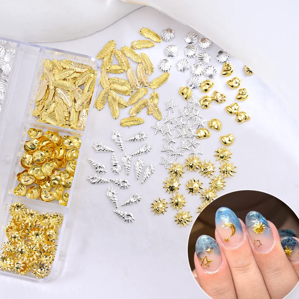 1 scatola 3D acrilico fiore caviale perline fascino per unghie, lega Shell Starfish rivetti per unghie perla oro sfera d'acciaio gioielli forniture per Nail Art