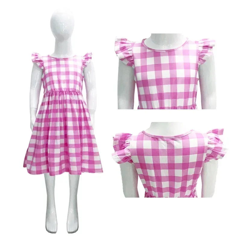 Girl Movie Margot Robbie Barbi Costume for Kids Girls Birthday Party Pink Plaid Dress