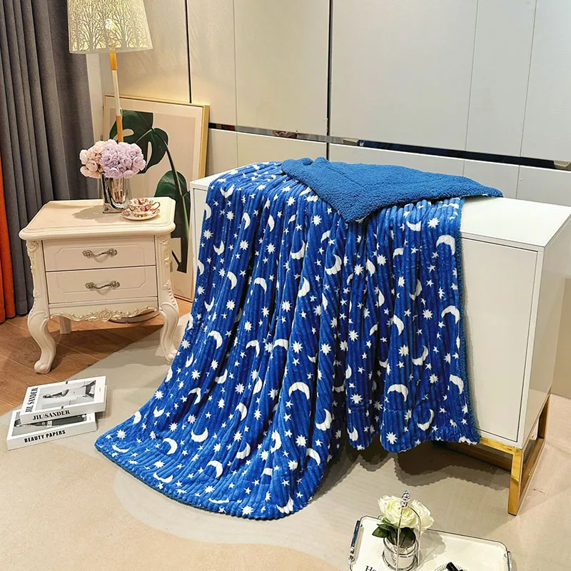Star Moon Printed Striped Lamb Fleece Blanket Double Layer Flannel Blanket for Office Nap Single Double Air Conditioning Quilt