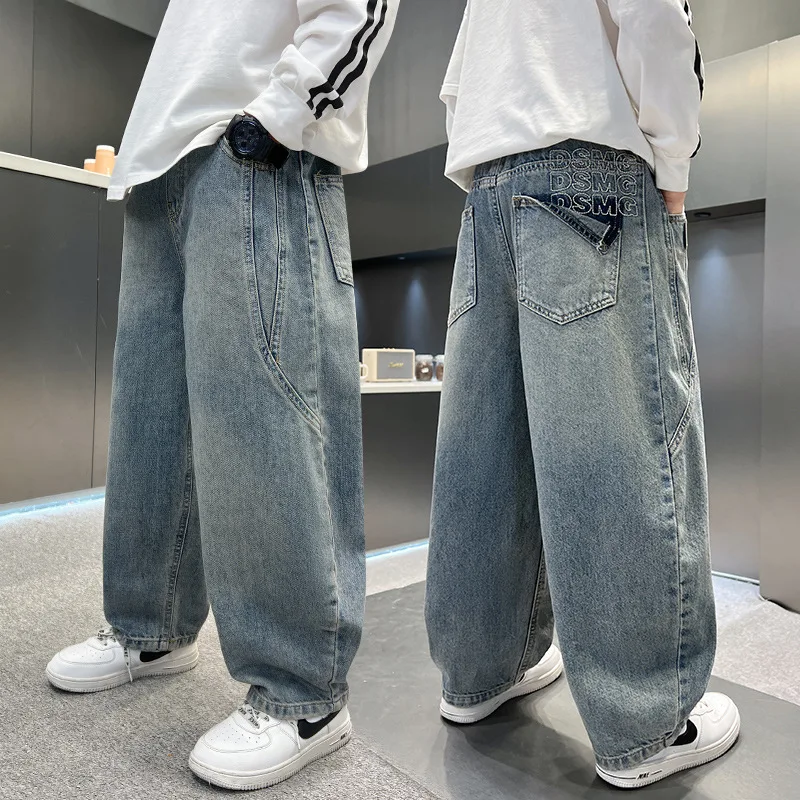 

Baby Boys Jeans With Pockets Design Teen Boy Denim Teenage Spring Autumn Long Trousers Toddler Deep Blue Jeans Toddler Age 4-14Y