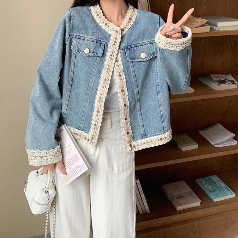เสื้อโค้ทเดนิม 2025 ฤดูใบไม้ผลิ/ฤดูใบไม้ร่วงออกแบบสั้นลูกไม้คาร์ดิแกนผู้หญิง