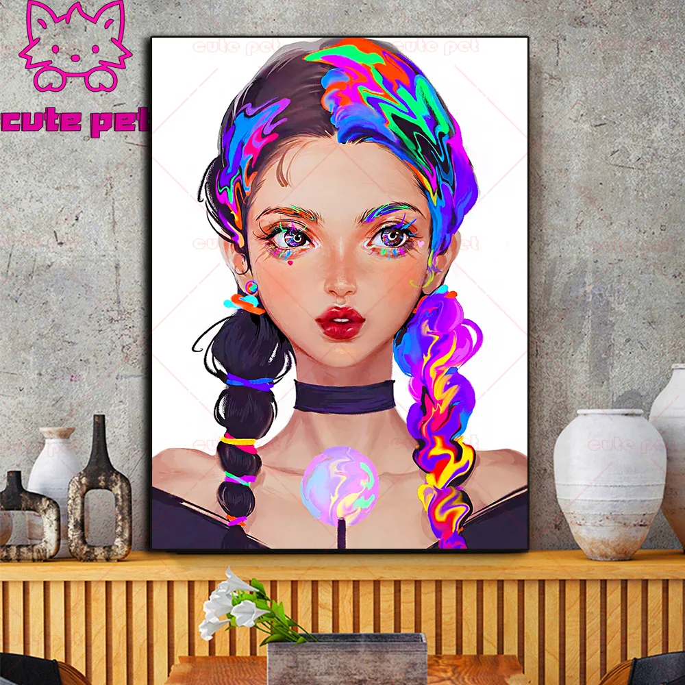 5D Colored hair lollipop girl DIY Diamond Painting Diamond Embroidery Rhinestone Mosaic Cross Stitch Kit Home Decor puzzle