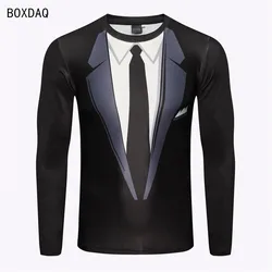 Men Fake Two-piece T-Shirts 3D Bow Tie Print Casual T Shirts Autumn Long Sleeve O-Neck Loose Cotton Tops Male Fake Suit Tshirt