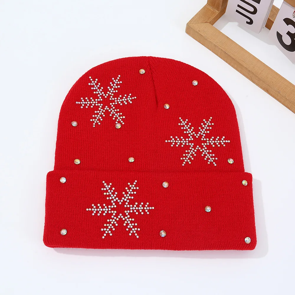 Winter Warm Knitted Elastic Hat Snowflake Rhinestone Knitted Beanie Hat Thickened Ear Protection Outdoor Wear Skiing Hat