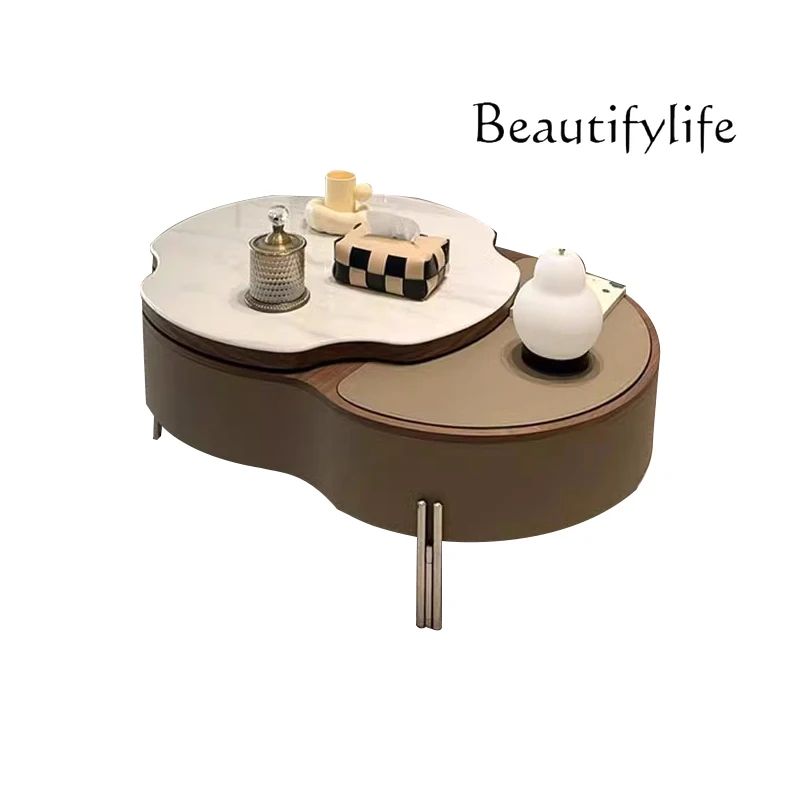 

Lifting rotating coffee table household small apartment living room high-end designer creative saddle leather coffee table