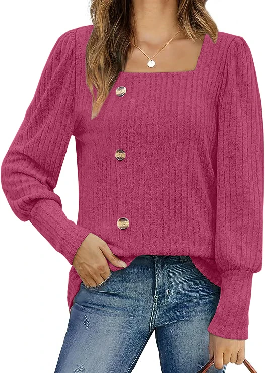 New autumn and winter square collar side slit top long sleeve versatile button loose top