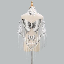 Printed Butterfly Lace Scarf Triangle Tassel Shawl Elegant Ladies Summer Solid Color Shiny Scarves Fashion Cape 150*65cm