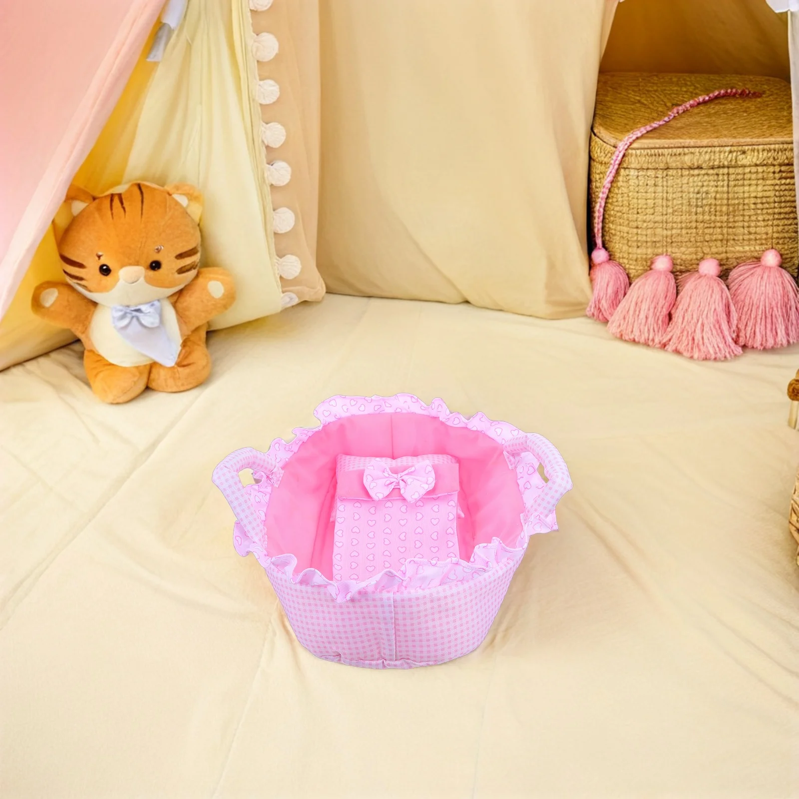 Culla per bambini Culla portatile rosa da 35 cm per giochi di finzione Mini mobili portatili Decorazioni per la camera da letto per giochi di ruolo per bambini