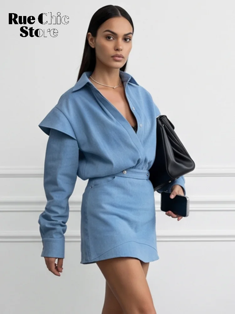 Women Formal Blouses For Evening Wear - Vintage Denim Mini Skirt Sets Women
