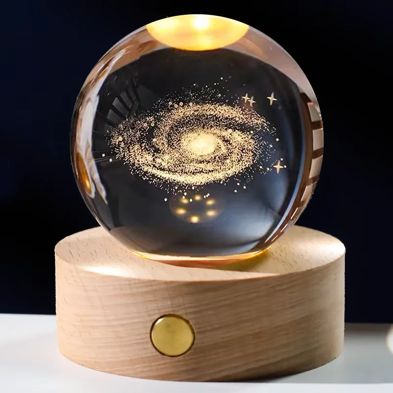 قاعدة خشبية مضيئة 6 سم؛ كرة كريستال منحوتة ثلاثية الأبعاد؛ زخرفة إبداعية على شكل نجمة ليلية؛ للطلاب
