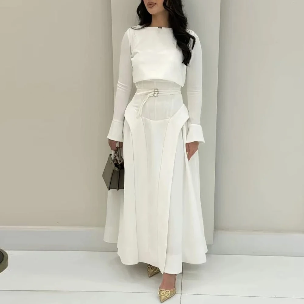 

Temperament Jersey Evening Dress Graceful Long Sleeves Prom Dresses Fashion O-Neck Sashes Customized Special Occasion Gowns