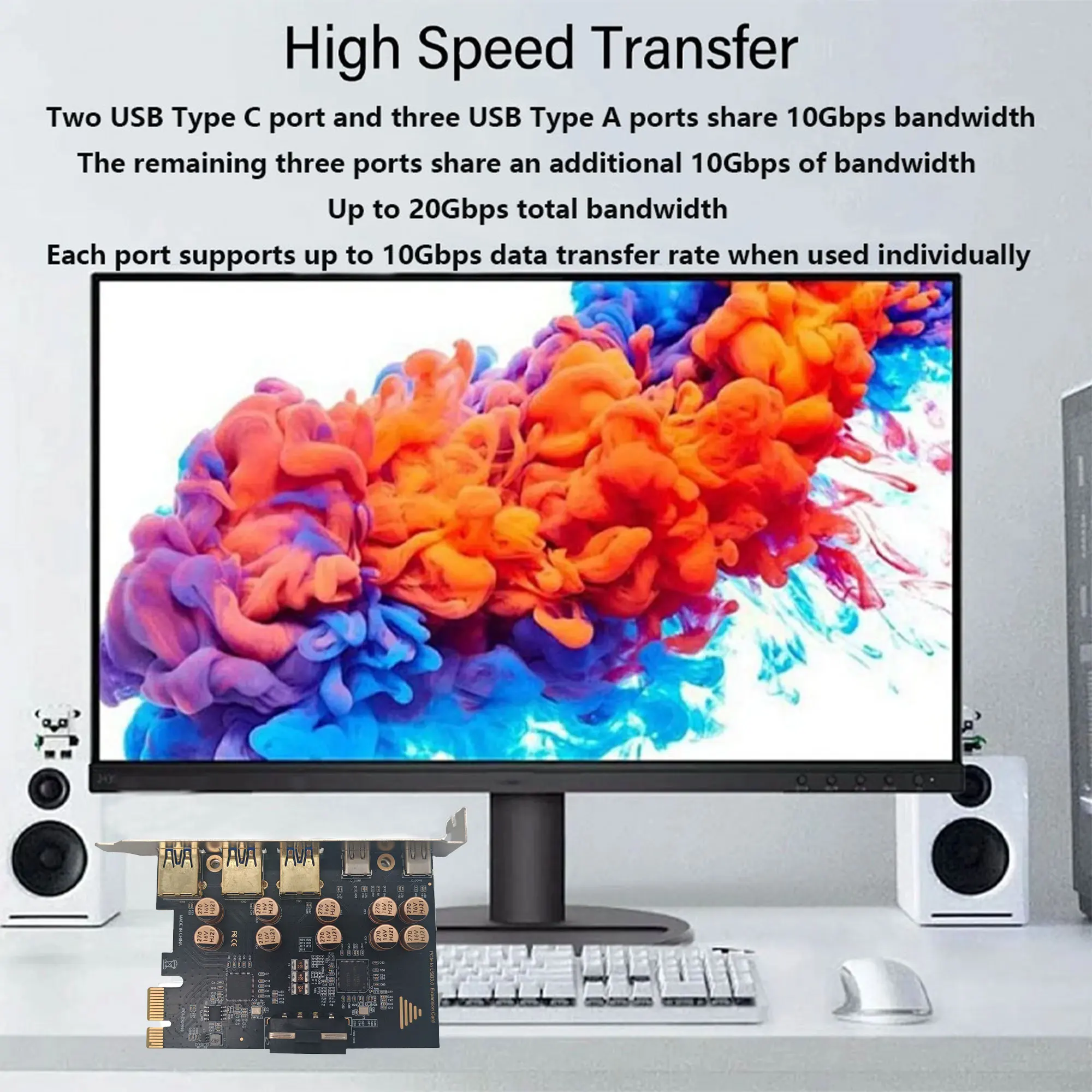 

PCIe Expansion Card 5 Port PCIe To USB 3.2 Card 3 USB Type A 20Gbps Easy Installation High Speed for Desktop PC for OS X