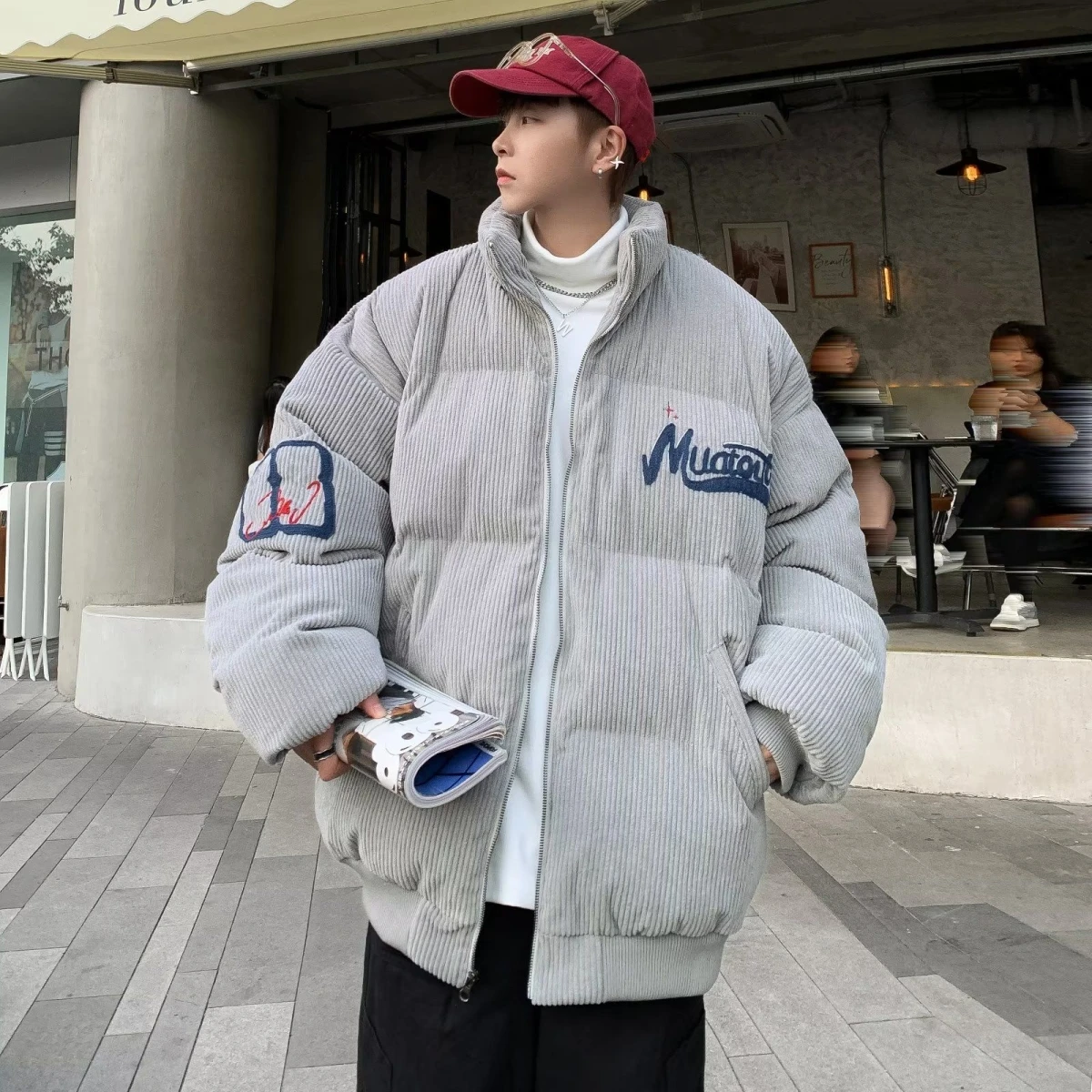 

Retro American High Street Corduroy Winter Embroidered Stand Collar Cotton Jacket Loose Bread Style Couples Outerwear