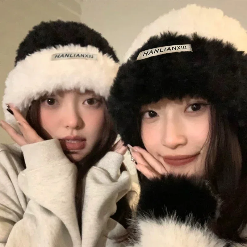 2024 Fashion Soft Rabbit Fur Y2k Beanies Women Warm Fluffy Angola Winter Knitted Hat Female Plush Windproof Bonnet Skullies Cap