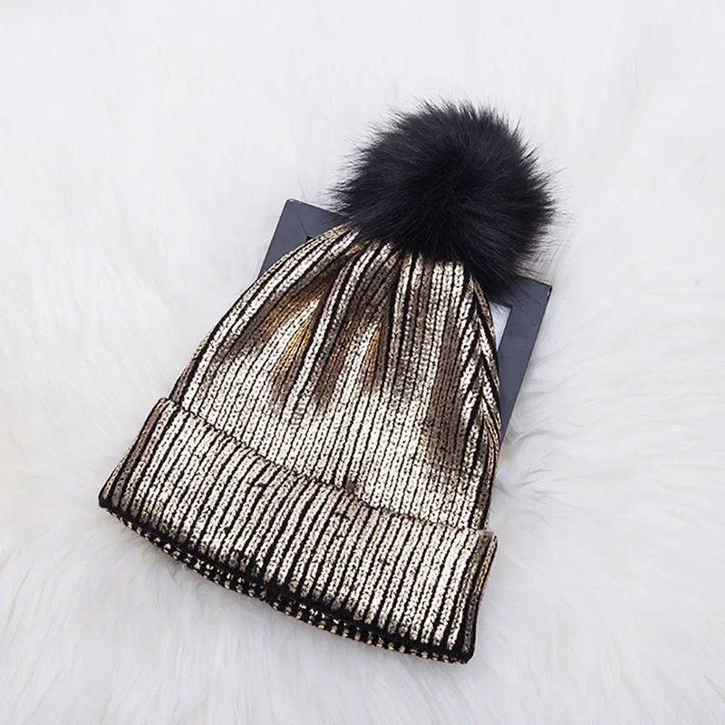 2024 Hot Gold Silver Beanies Woolen Hat Female Autumn Winter Students Warm Woolen Knit Hat Reflective Beanies