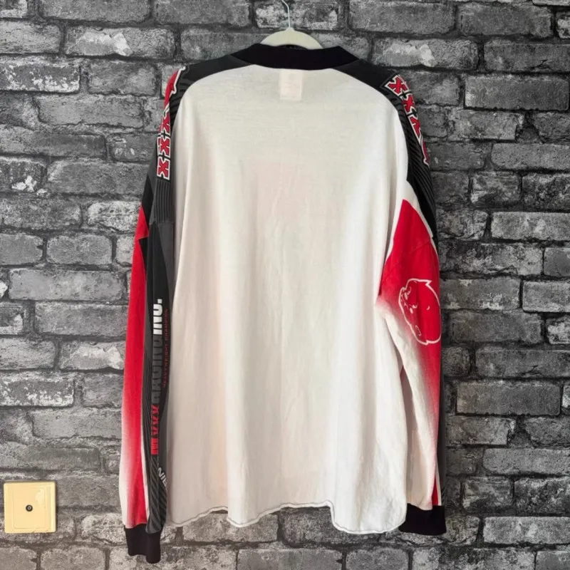 Vintage Hiphop Streetwear Saint Tshirts Cartoon Devil Print Red Black Contrasting Racing Long Sleeve Men Women Loose Tops Outfit