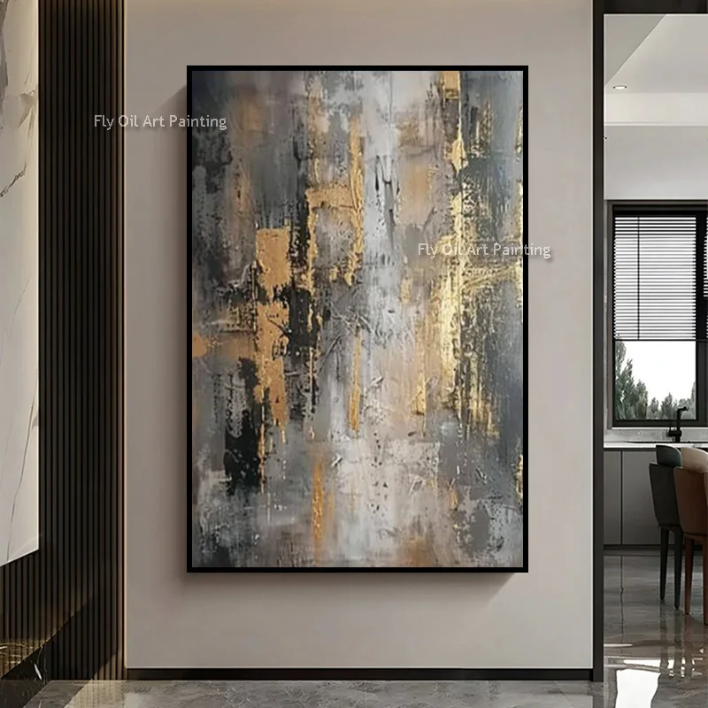 100% Hand Painted Grey Gold Abstract Oil Painting, Palette Knife Texture Canvas, Industrial Vertical Entry Wall Decor