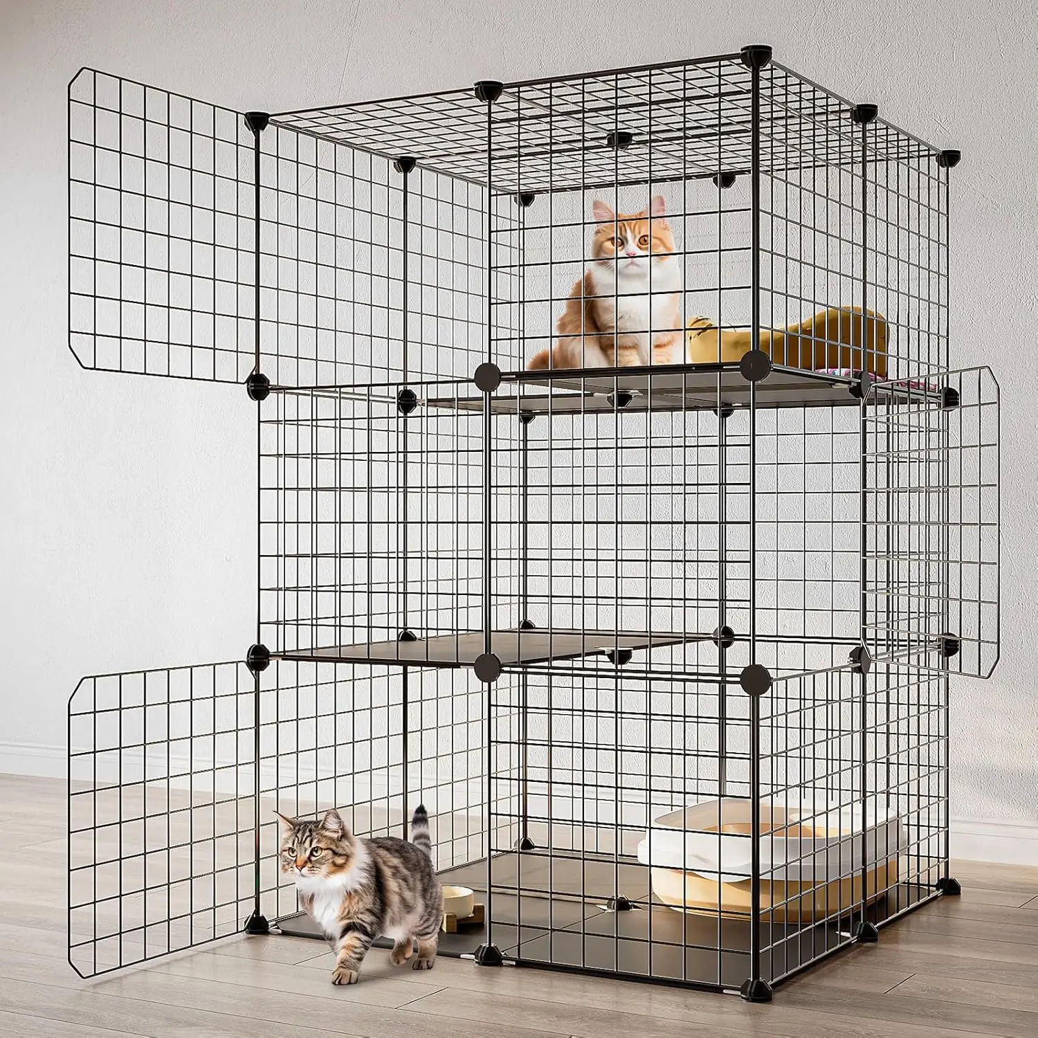 

3-Tier Cat Cage Indoor Playpen with Detachable Metal Wire, Large Exercise Area for 1-2 Cats, Black