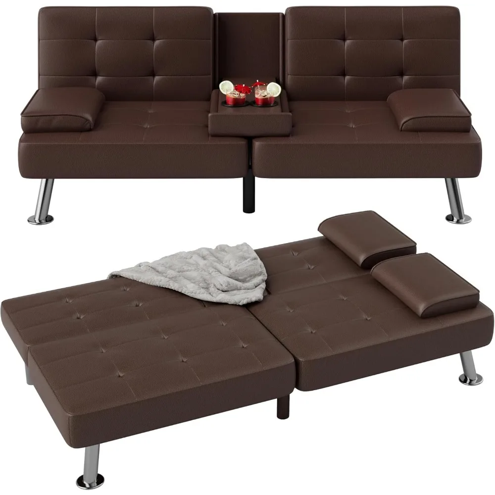 Sofa Bed Modern Folding Futon Set Convertible Recliner Lounge for Living Room with 2 Cup Holders, Removable Armre