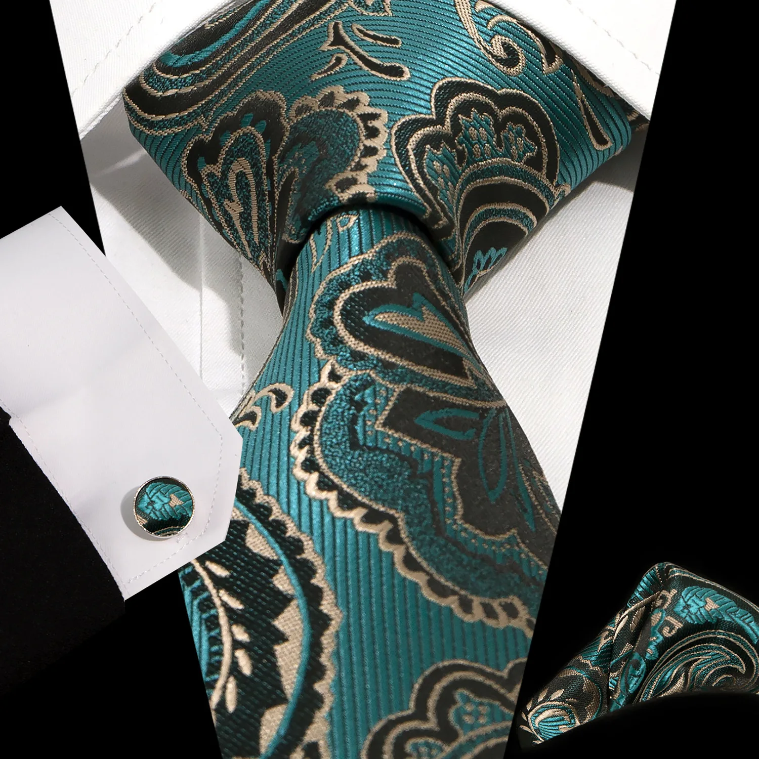 Spot Black Tie Pocket Scarf Cufflinks Set Casual Retro 8.5cm Jacquard Paisley High Density Tie