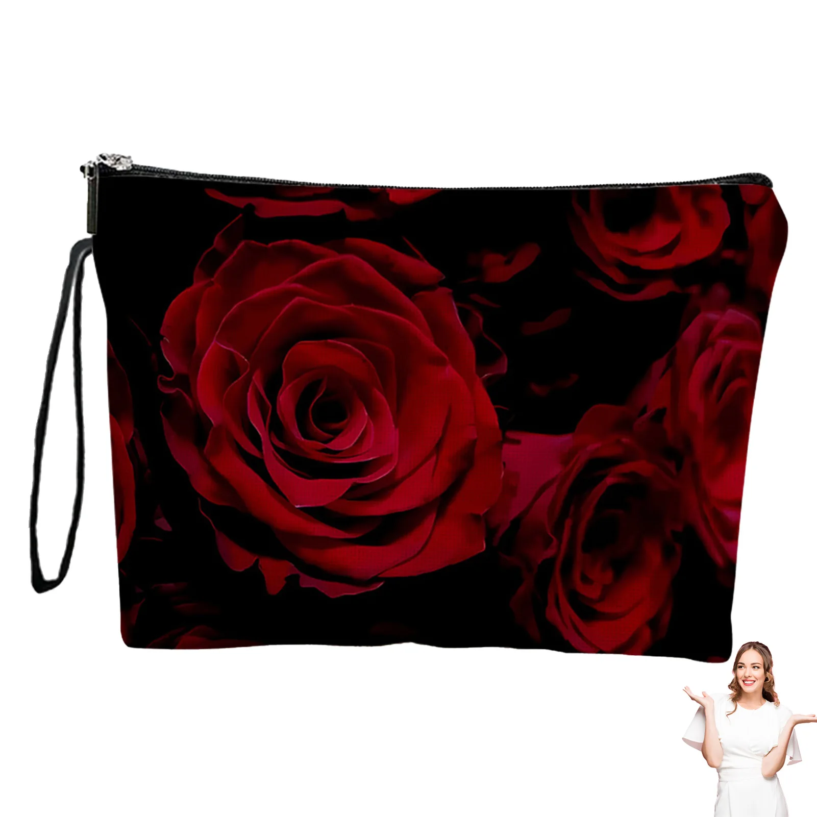 Bolsa de almacenamiento de maquillaje de viaje, organizadores de maquillaje de flores negras de mano, lápiz labial para mujer, monedero, regalo del Día de San Valentín