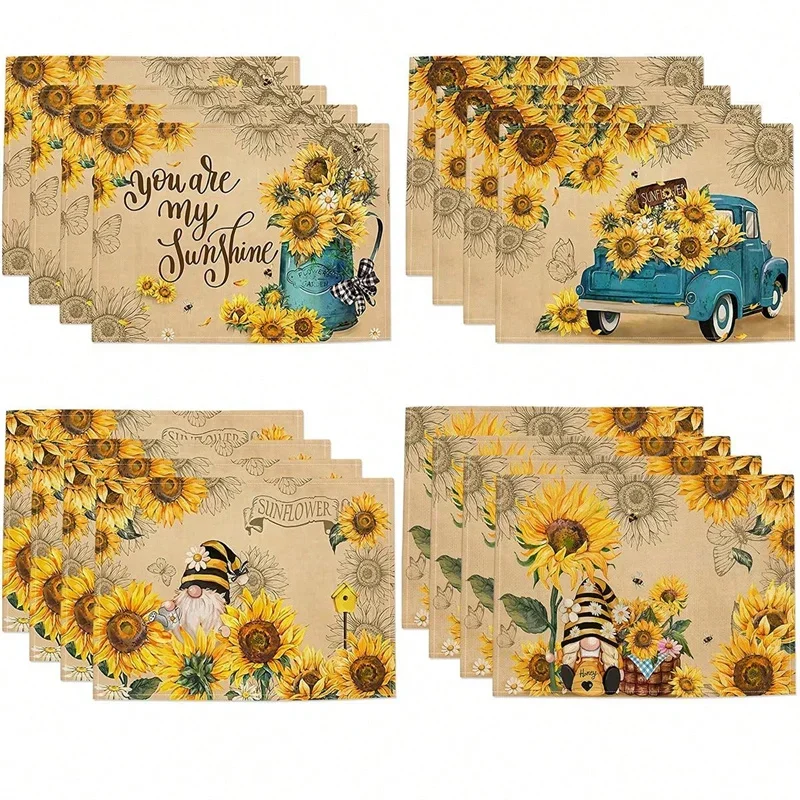 

4/6/8Pcs Sunflower Dwarf Print Placemats Vintage Rural Style Decoration Linen Heat-Resistant Waterproof Western KitchenTableMats