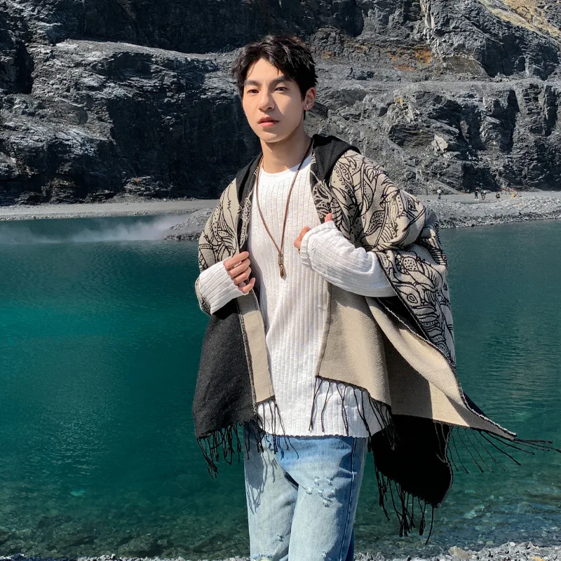Autumn and winter men's cloak travel imitation cashmere hooded cloak warm double-sided ethnic shawl cloak scarf trend