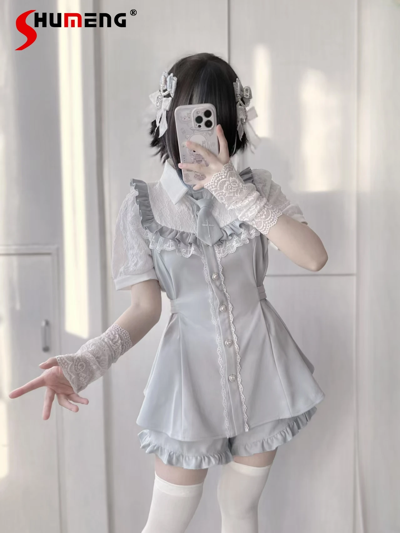 

Japanese Mine Style Mass-produce Polo Collar Short Sleeve Lace-up Slim Single-breasted Top High Waist Shorts Two-piece Set Women