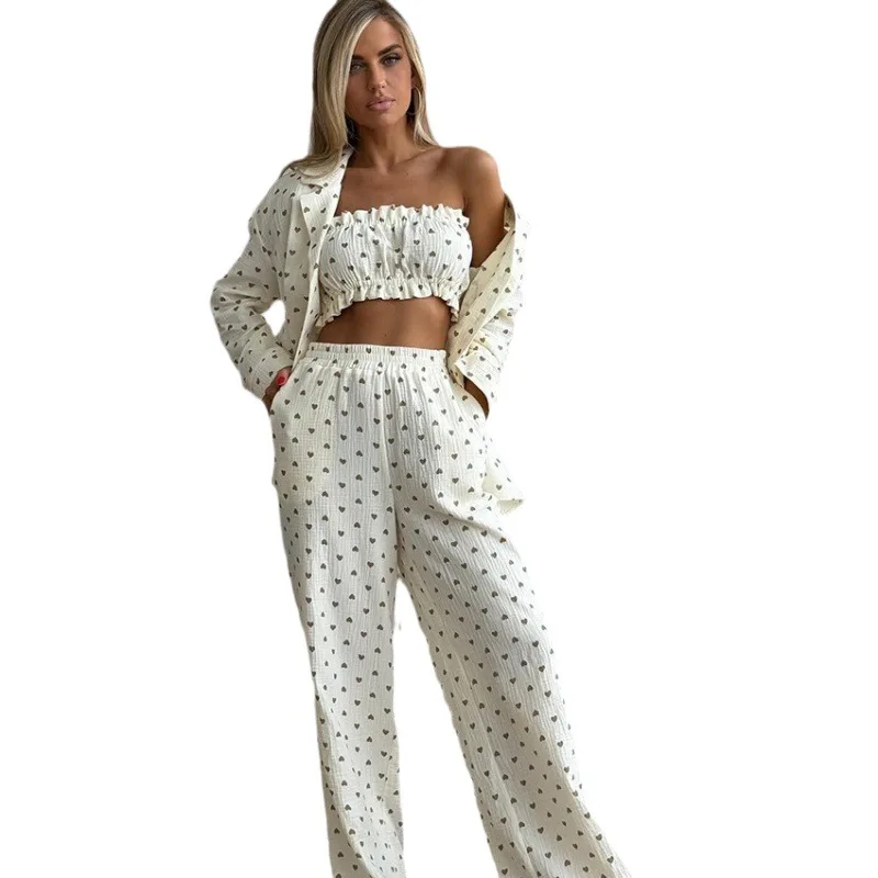 Bedruckte Baumwolle Damen Pyjama Set träger lose Pyjamas Langarm Pyjamas Revers Pyjamas lange Hosen Pyjamas 3 Stück Anzug