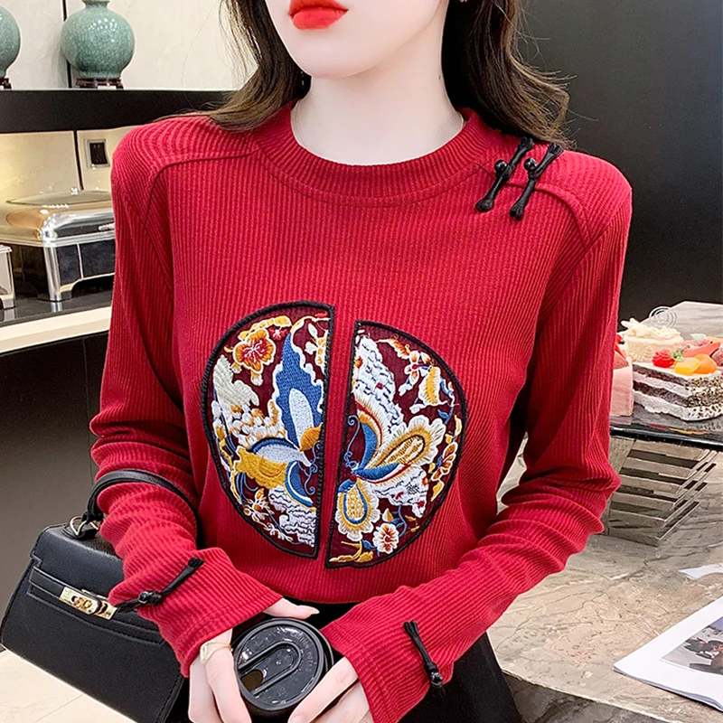 2024 New Fall Winter Vintage Clothes T-Shirt Chic Sexy O-Neck Button Patchwork Embroidery Women's Tops Long Sleeve Tees 312009