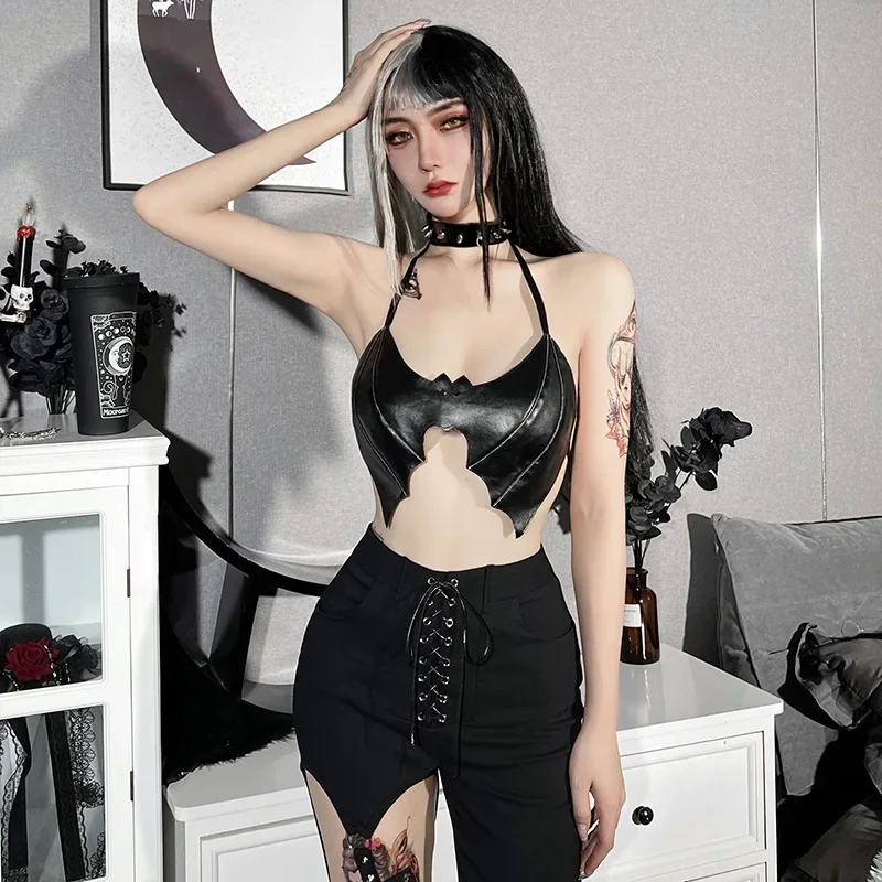 Punk Sexy PU Bra Steampunk Bat Shape Black Halter Crop Top Gothic Party Night Singlets Costume Mall Goth Camisole Fashion Tees