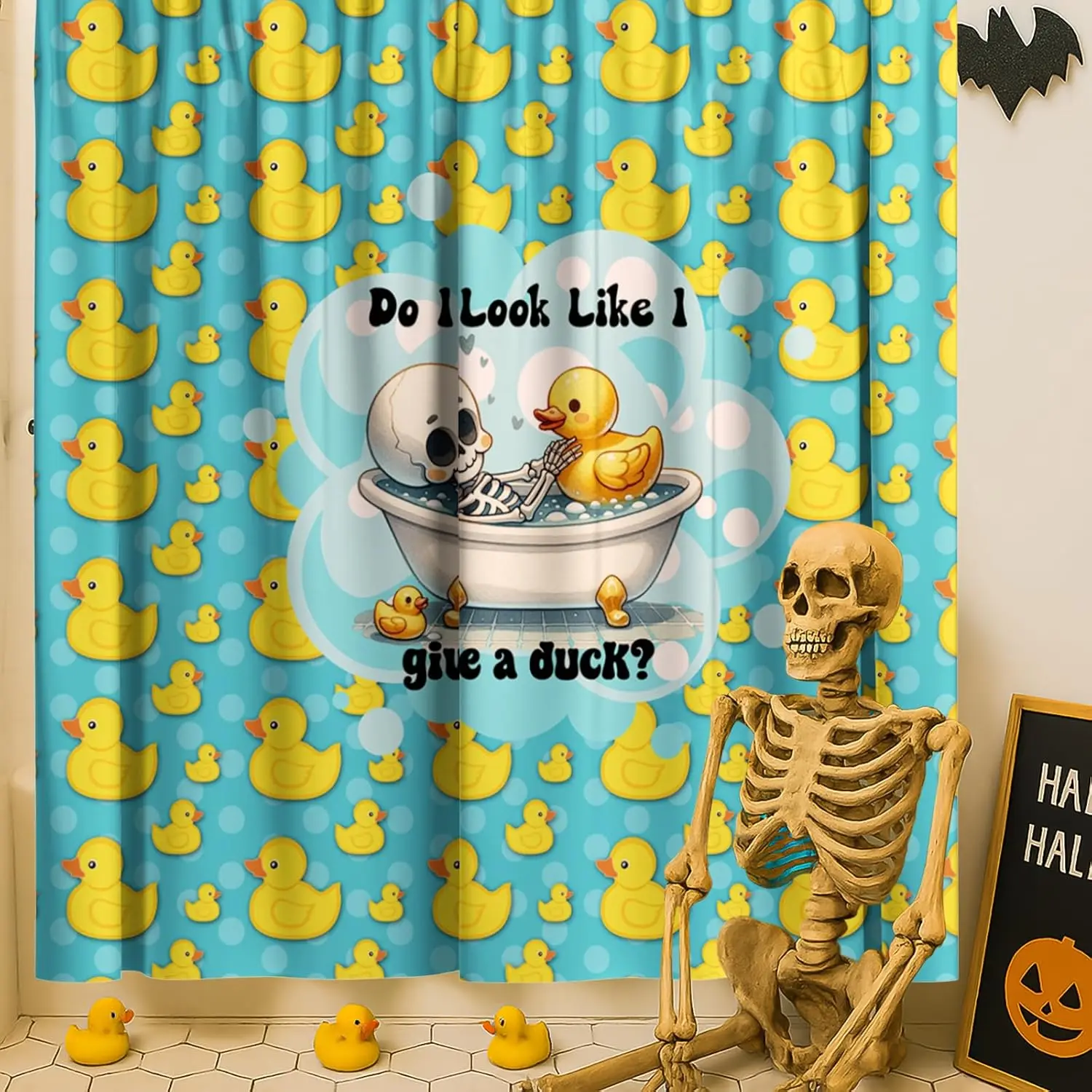 Funny Skeleton Duck Shower Curtain,Waterproof Gothic Bathroom Decor with Duck Print,Quirky Halloween Shower Curtain with 12Hooks
