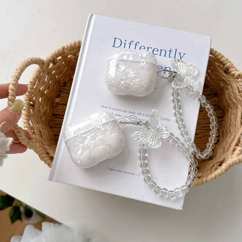 Glossy Advanced Shell Pattern White Butterfly Bead Chain Pendant Earphone Case Cover for AirPods 1 or 2 3 4 5 Pro2 Pro3