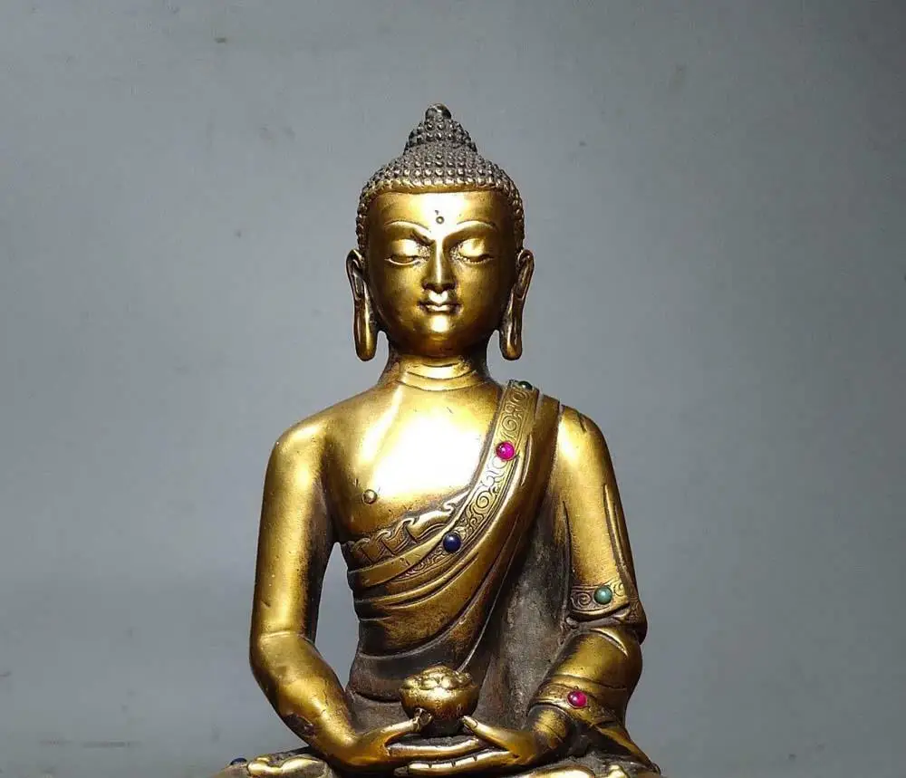 Old Chinese Carved Bronze Statue Gilding Inlay Jade Sakyamuni Buddha