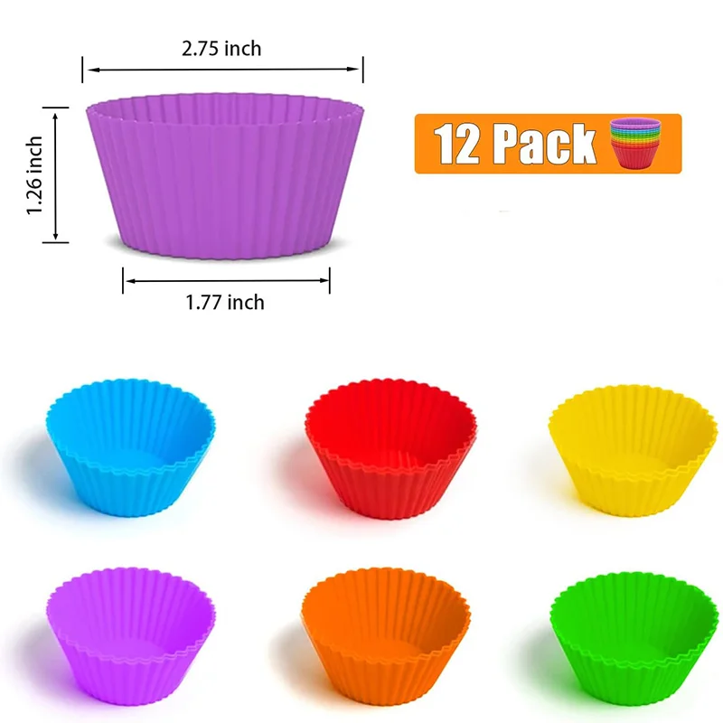 12 Pack Silicone Baking Cups Round 2.75 inches Cups Reusable Muffin Liners BPA Free Non-stick Multicolor Cake Cup Mold Set