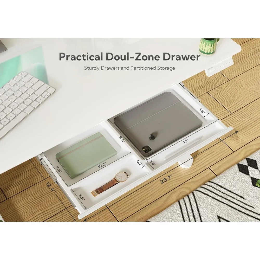 مكتب زجاجي مع أدراج، مكتب قائم قابل للتعديل مقاس 55 × 24 بوصة، مكتب كمبيوتر مكتبي منزلي سريع التركيب، أبيض