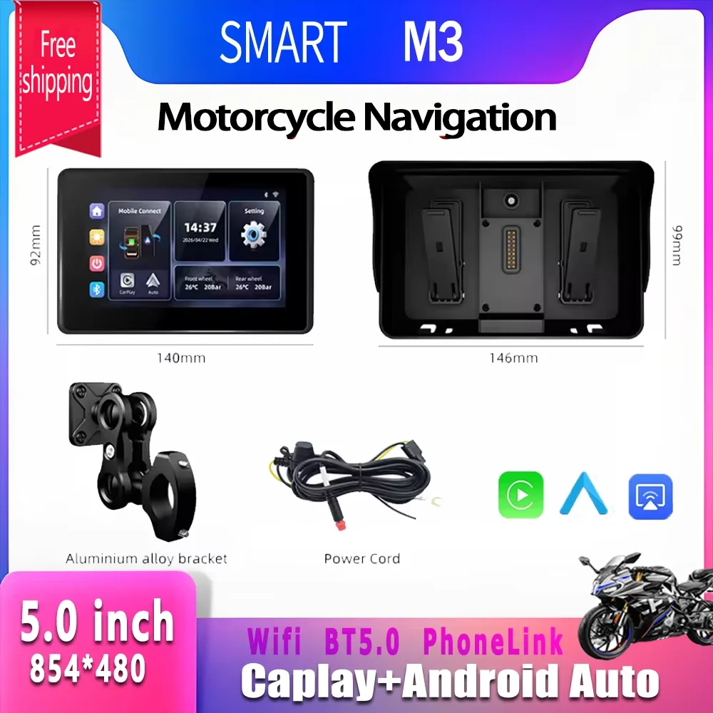 SMART Portable 5 Inch Motorcycle Navigation Screen Removable Wireless CarPlay & Android Auto Mirror Display for Motorbikes DVR