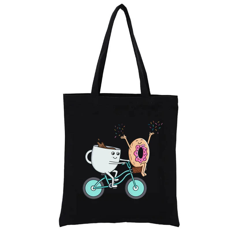 

Coffee Donut and Bike Graphic Printing Shopping Bag Funny Tote Bags Women's Handbags Casual Totes Shopper Totebag Fashion Eco