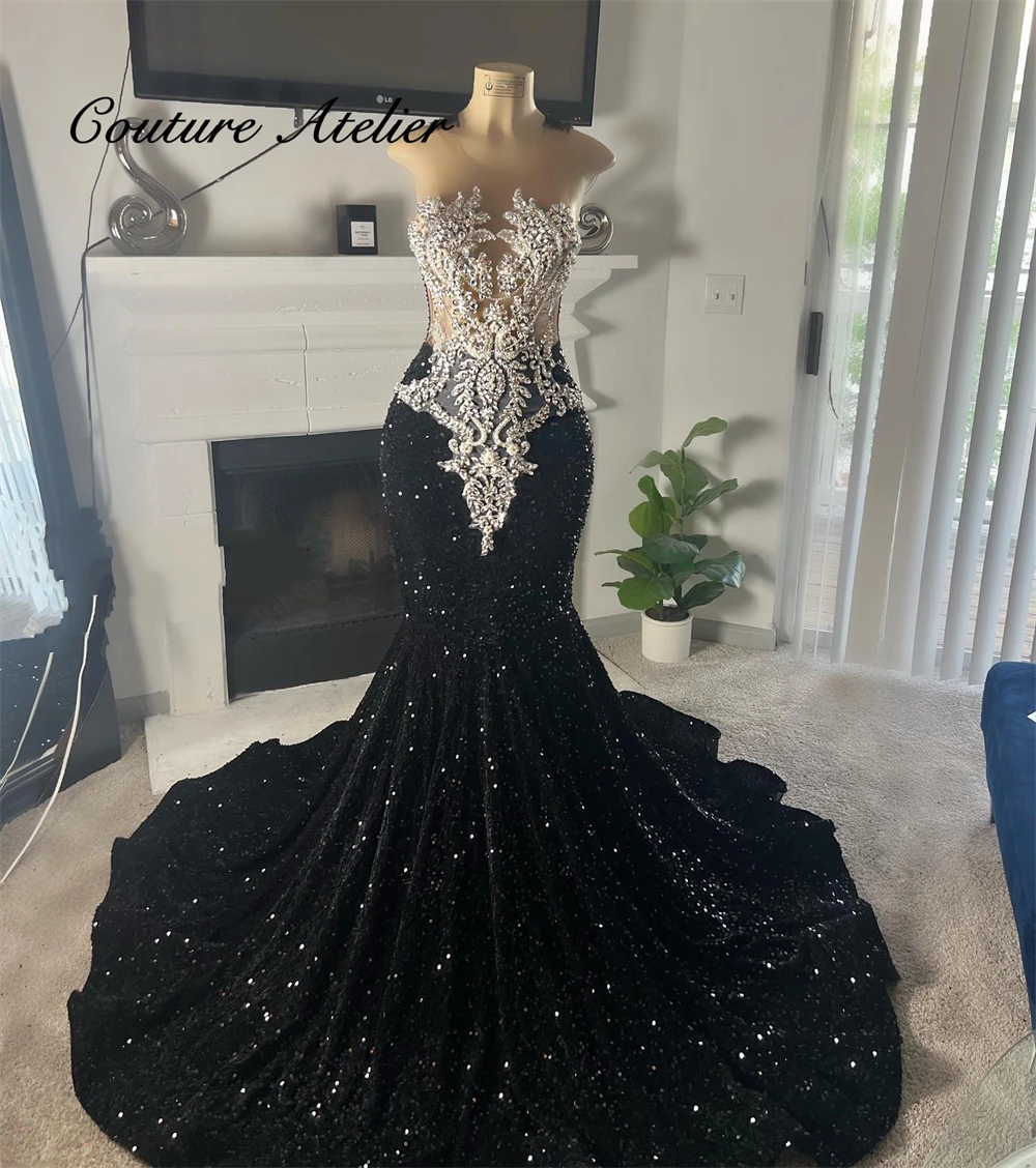 

Illusion O Neck sILVER Rhinestones Crystal Black Sequin Prom Dresses Gown For Blackgirls Mermaid Ladies Dresses Customized