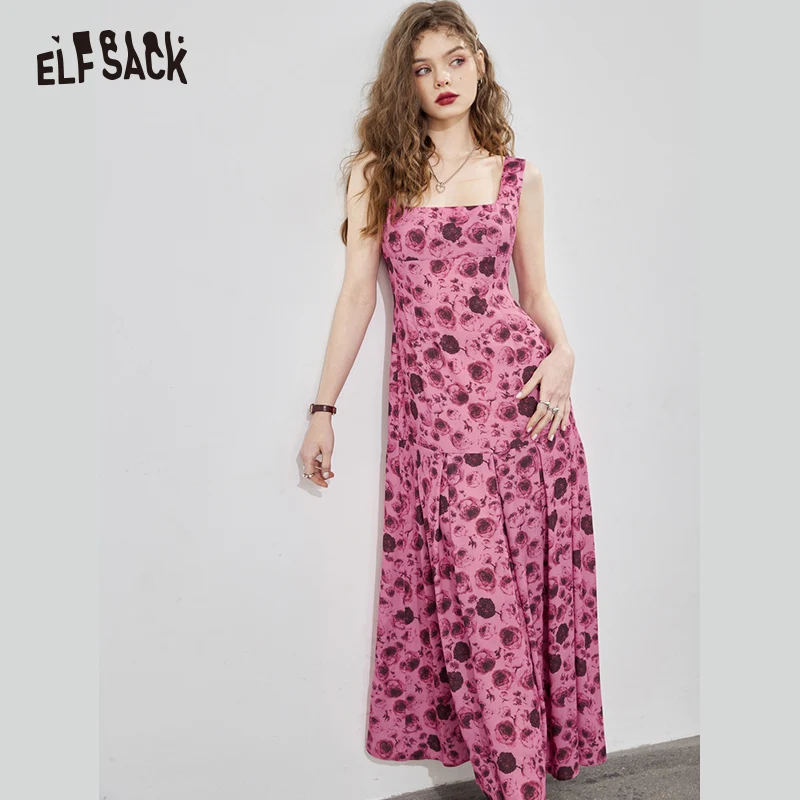 ELFSACK Pink Floral Slip Dresses Women 2023 Spring New Long Loose Casual Dress