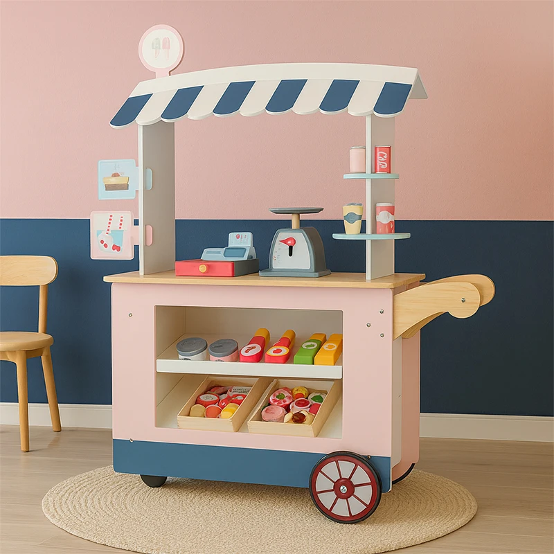 Montessori Wooden Play Shopping Cart Kids' Early Learning Eco-friendly Material for 2-7 Years Old Social Interaction